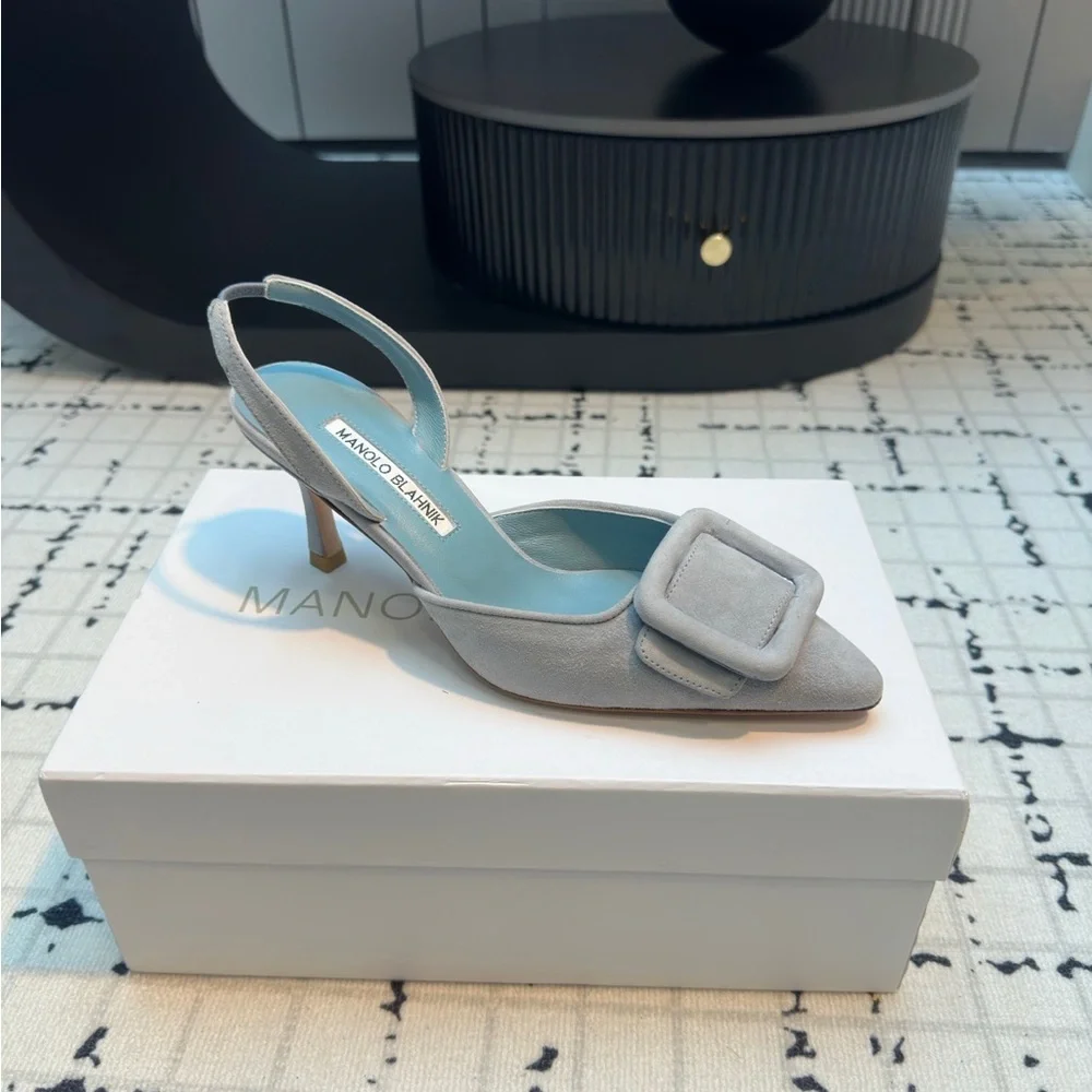 Manolo Blahnik Light Gray Suede Pointed Slingback Pumps with Buckle